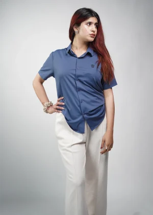 Exclusive Ocean Blue Plain Button Down Shirt For Women